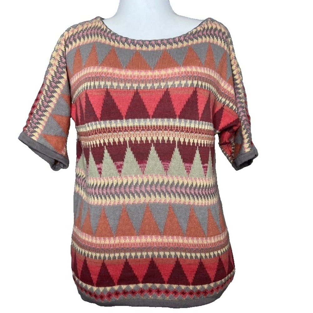 Chaps Sunset Ralph Lauren Knit Sweater Womens Cotton Short Slv Southwest 90s L